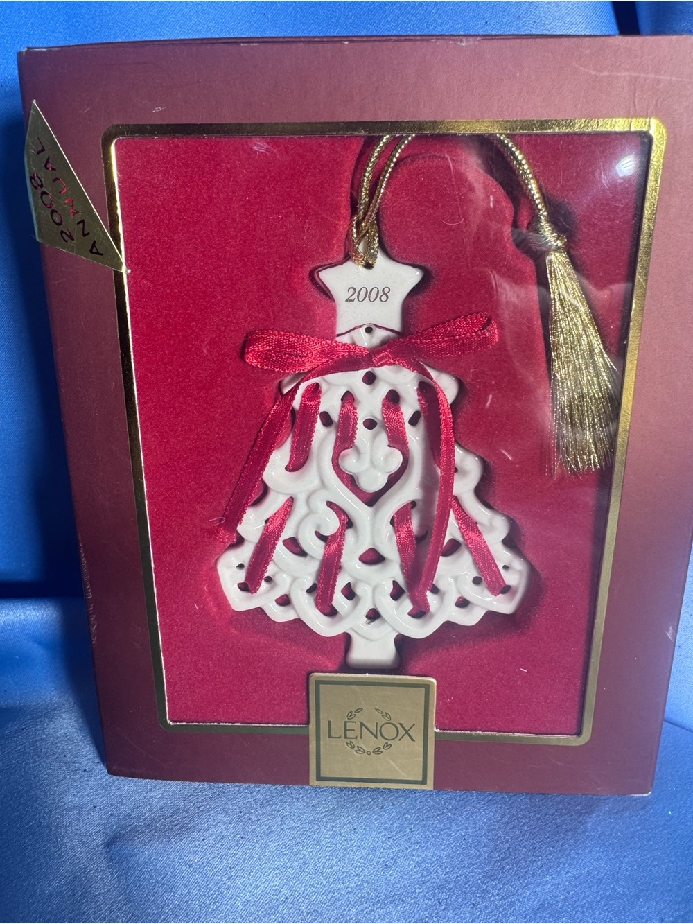 Lenox 2008 Christmas Wrappings Tree Ornament Porcelain Red Ribbon Box 792722